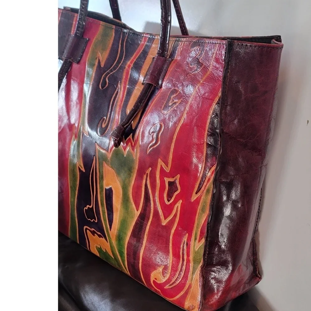 Vintage Leather Embossed Tote Bag Multicolor Abstract Design Shoulder‎ Bag